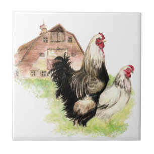 Wasserfarbene Hühner Hühner und Rooster Farm Vögel Fliese