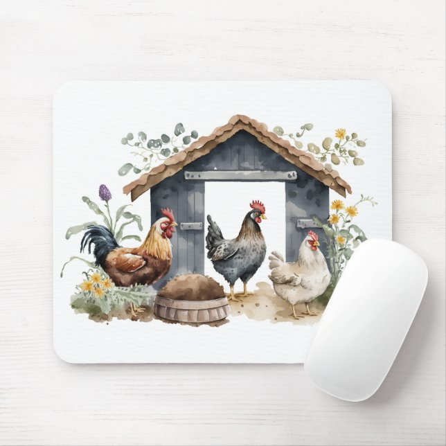Wasserfarbene Hühner in Coop Mousepad (Mit Mouse)