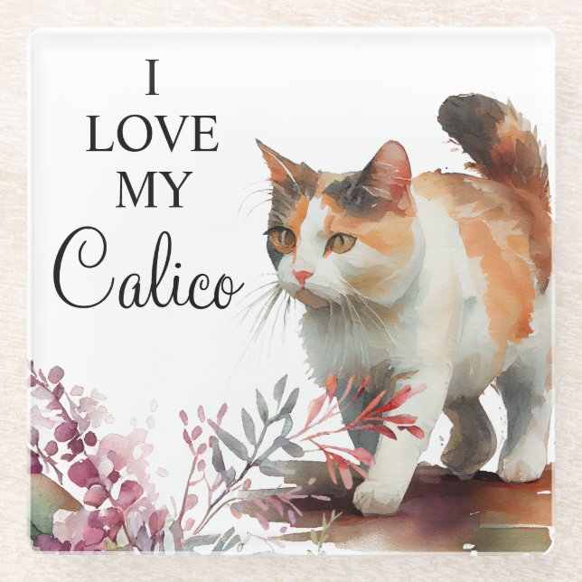 Wasserfarbene Katze mit Frühlingsblumen Glasuntersetzer (Vorderseite)