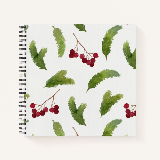 Wasserfarbene Kiefernzweige und rote Berries Muste Notizbuch (Vorderseite)