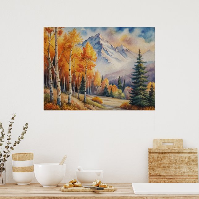 Wasserfarbene Landschaft Herbstwald mit Berg Poster (Küche)