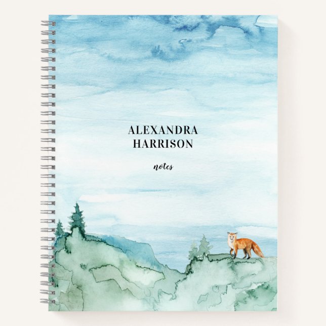 Wasserfarbene Landschaft Niedlich Fox Wald Natur Notizbuch (Vorderseite)