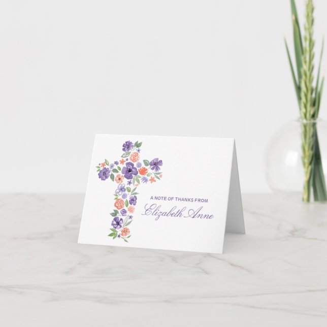 Wasserfarbene Lila Blume Kreuz Erste Kommune Dankeskarte (Vorderseite)