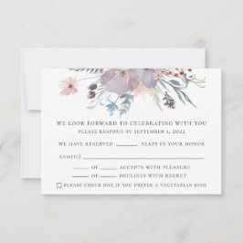 Wasserfarbene lila Blütenhochzeit. Elegant rustika RSVP Karte