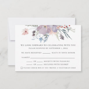 Wasserfarbene lila Blütenhochzeit. Elegant rustika RSVP Karte