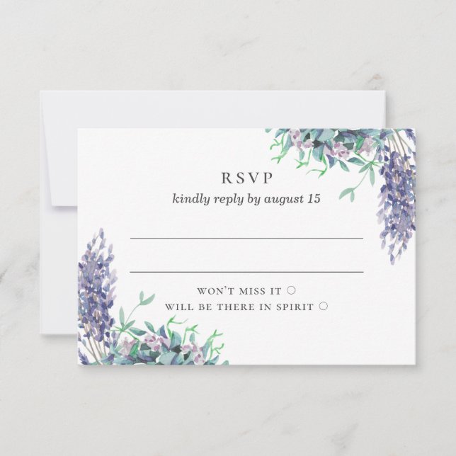 Wasserfarbene lila Blütenhochzeit. Lavendel-Blume RSVP Karte (Vorderseite)