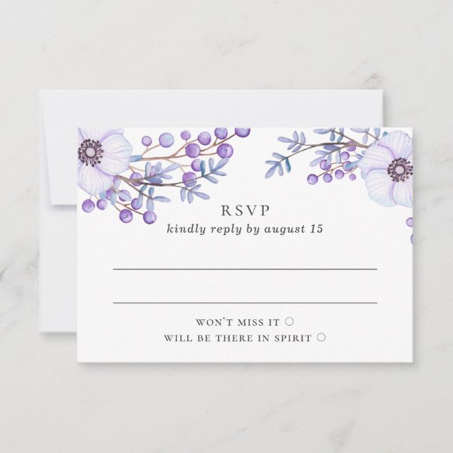 Wasserfarbene lila Blütenhochzeit. Lilac botanisch RSVP Karte (Vorderseite)