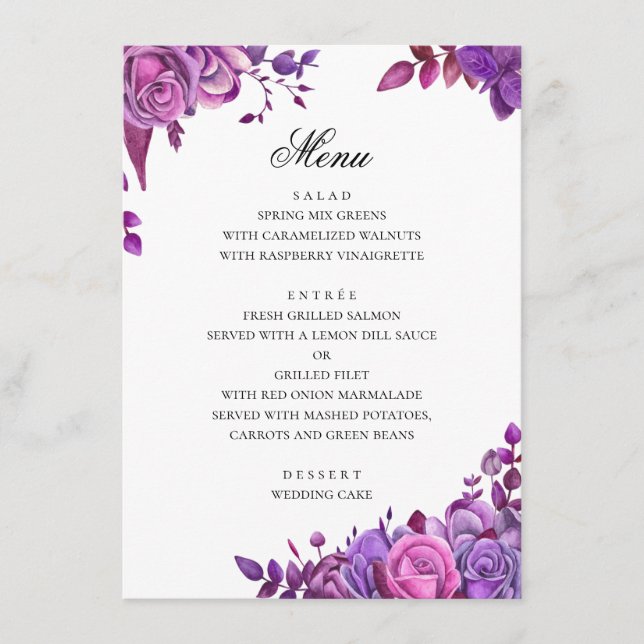Wasserfarbene lila Hochzeit. Romantischer Lavendel Menükarte (Vorderseite)