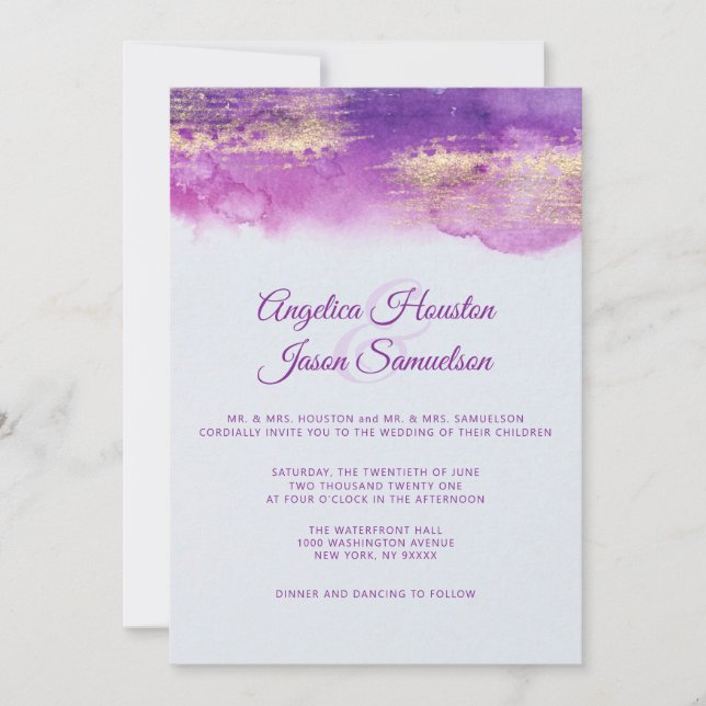 Wasserfarbene Lila Pflaume Mauve Goldhochzeit Einladung (Vorderseite)
