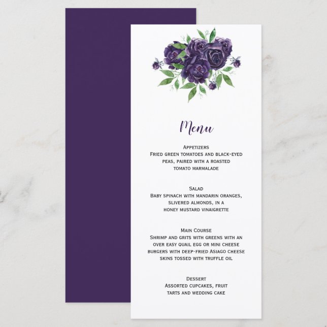 Wasserfarbene Lila Rose und Hochzeit im Grünen Menükarte (Vorne/Hinten)