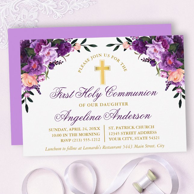 Wasserfarbene Lila Violett-Blumenkommunion Gold Einladung (Customize to change text color, size, style or to change color of back of card.)