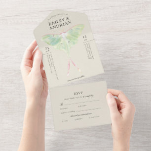 Wasserfarbene Luna-Motte Hochzeit All In One Einladung