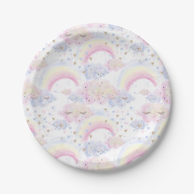 Wasserfarbene magische Regenbogen und Wolken-Glitz Pappteller (Vorderseite)