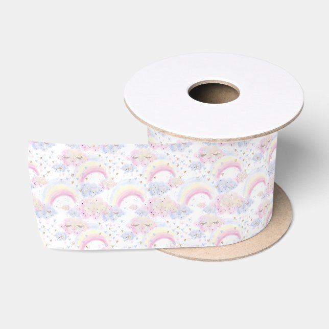 Wasserfarbene magische Regenbogen und Wolken-Glitz Satinband (Spule)