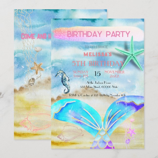 Wasserfarbene Meerestiere Einladung zur Geburtstag (Vorne/Hinten)