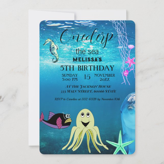 Wasserfarbene Meerestiere Einladung zur Geburtstag (Vorderseite)