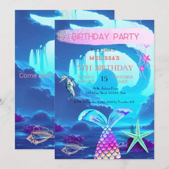 Wasserfarbene Meerestiere Einladung zur Geburtstag (Vorne/Hinten)