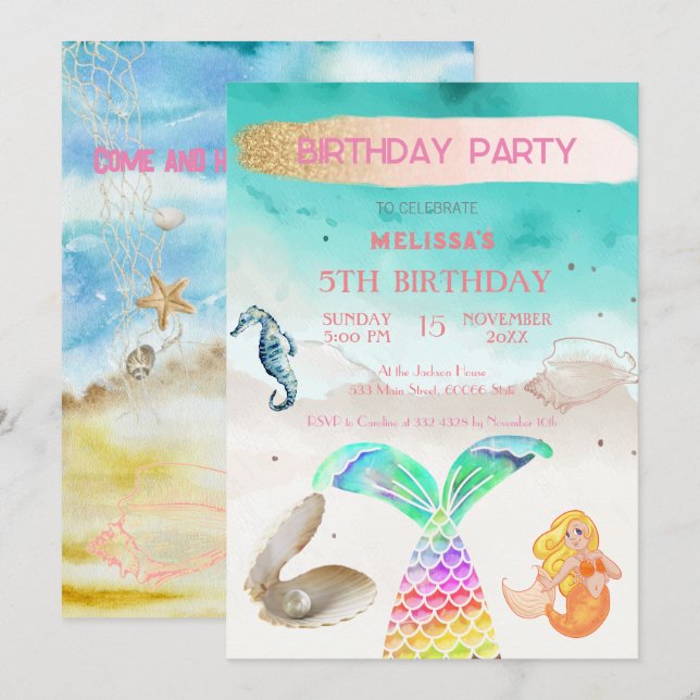 Wasserfarbene Meerestiere Einladung zur Geburtstag (Vorne/Hinten)