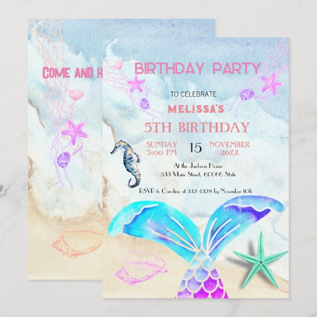Wasserfarbene Meerestiere Einladung zur Geburtstag (Vorne/Hinten)