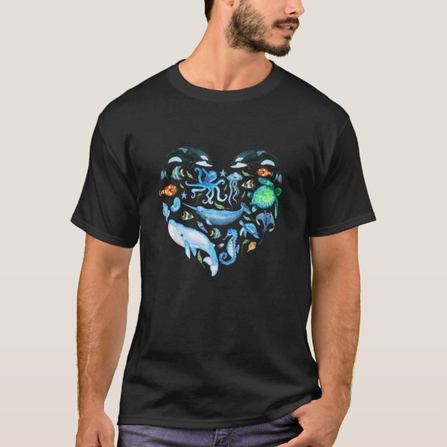 Wasserfarbene Meerestiere Herz-Ozean-Liebe T-Shirt (Vorderseite)