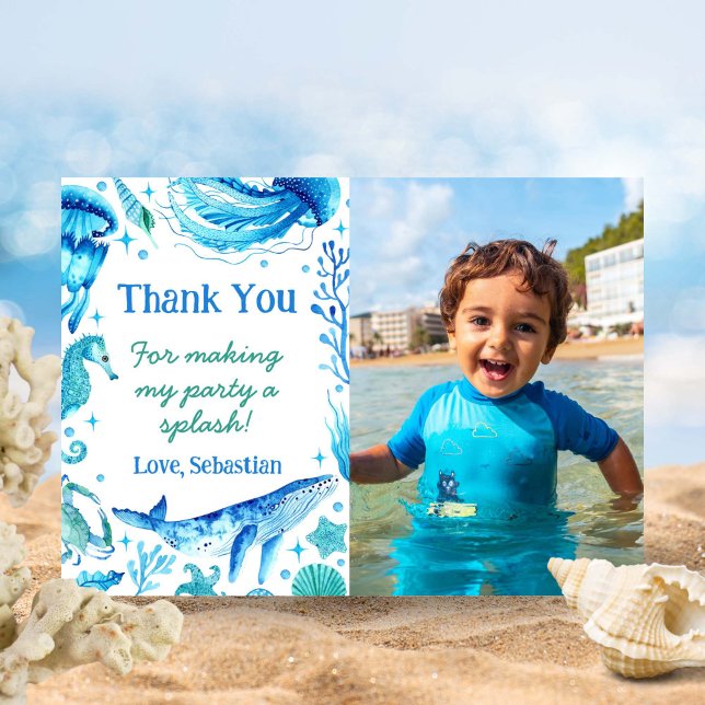 Wasserfarbene Meerestiere Whale unter dem Foto Dankeskarte (Watercolor Ocean Animals Whale Under the Sea Photo Thank You Card)