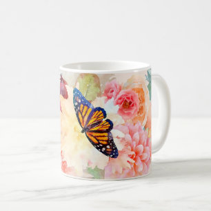 Wasserfarbene Monarchschmetterlinge im Blumengarte Kaffeetasse