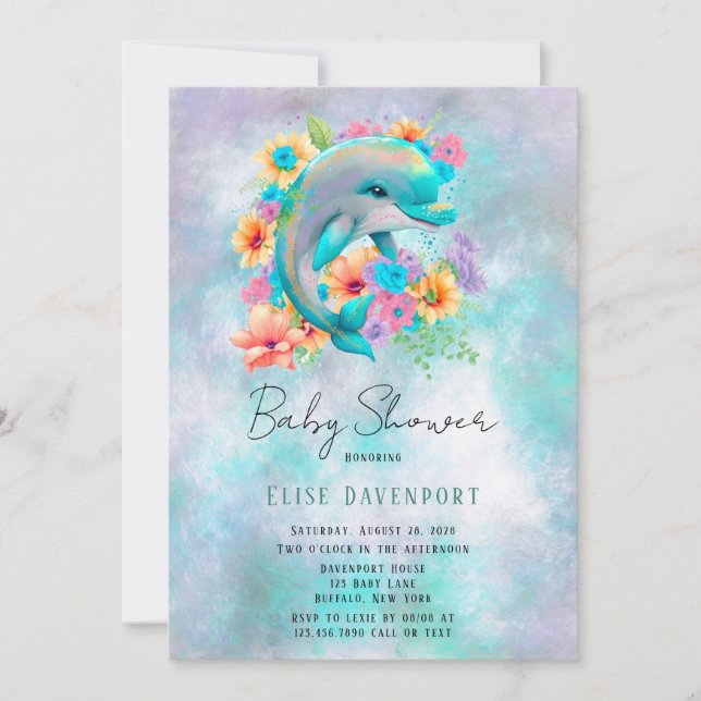 Wasserfarbene Niedliche Dolphin und Florals Babydu Einladung (Vorderseite)
