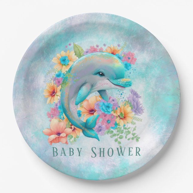 Wasserfarbene Niedliche Dolphin und Florals Babydu Pappteller (Vorderseite)