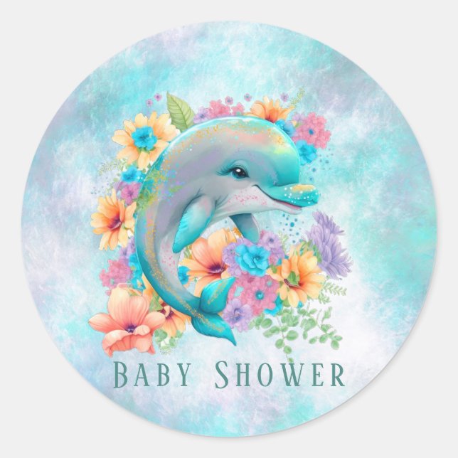 Wasserfarbene Niedliche Dolphin und Florals Babydu Runder Aufkleber (Vorderseite)
