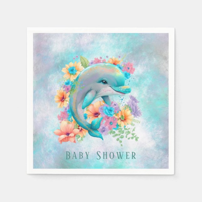 Wasserfarbene Niedliche Dolphin und Florals Babydu Serviette (Vorderseite)