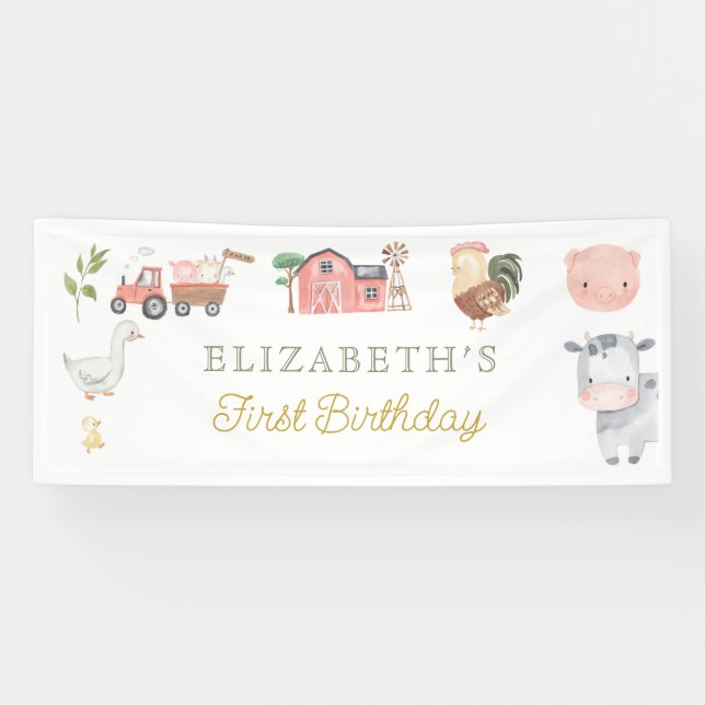 Wasserfarbene Niedliche Landtiere Barnyard Geburts Banner (Horizontal)