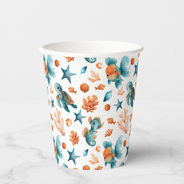 Wasserfarbene Niedliche Meerestiere Meeresmuster Pappbecher (Vorderseite)