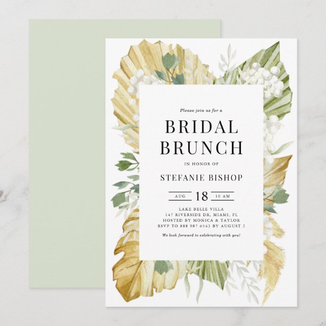 Wasserfarbene Palm-Blätter Sommerbridal Brunch Einladung (Vorne/Hinten)