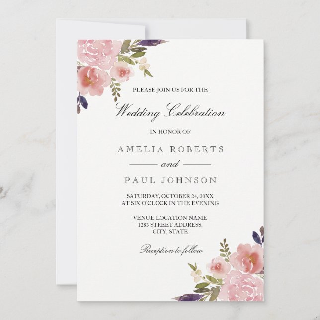 Wasserfarbene Peonies Pink Lila Hochzeitseinladung Einladung (Vorderseite)