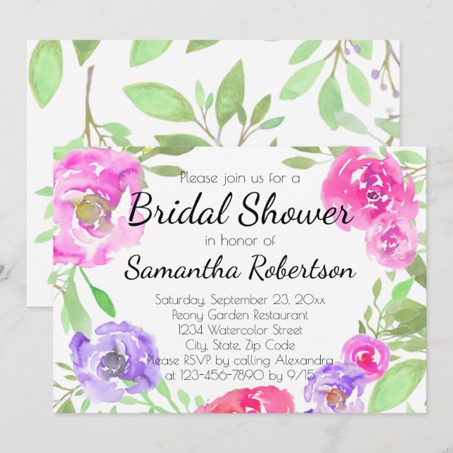 Wasserfarbene Peony Pink Green Floral Brautparty Einladung (Vorne/Hinten)