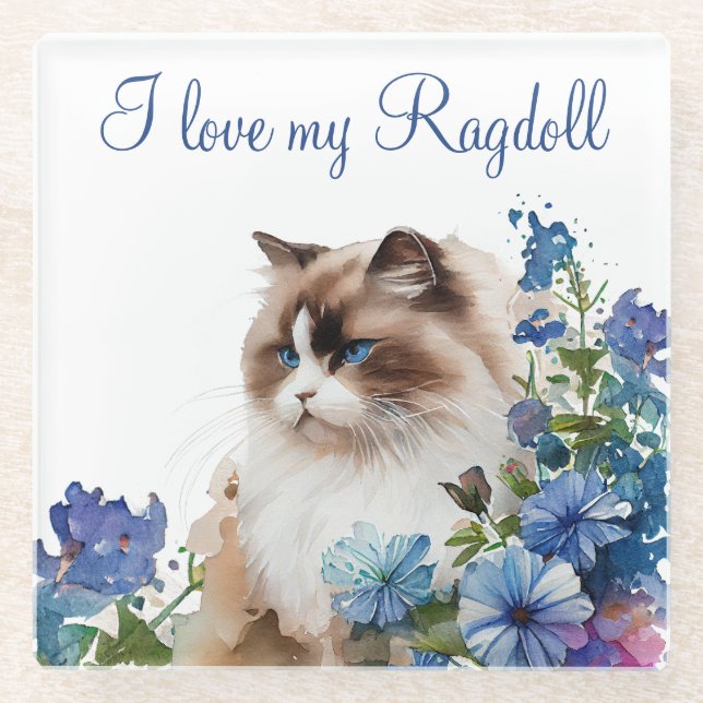 Wasserfarbene Pet Ragdoll Cat and Blue Flowers Glasuntersetzer (Vorderseite)
