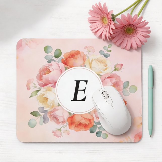 Wasserfarbene Pfingstrosen-Monogramm-Mauspad Mousepad (Von Creator hochgeladen)