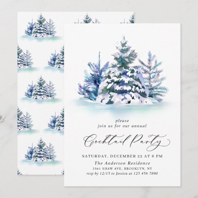 Wasserfarbene Pine Tree Chic Weihnachtscocktail Pa Einladung (Vorne/Hinten)