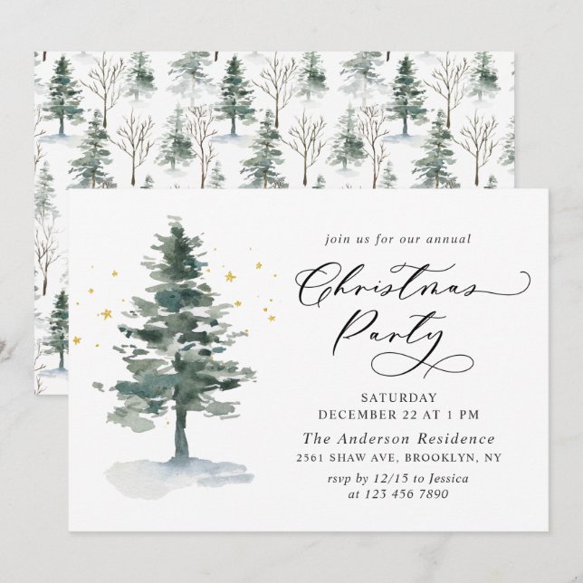 Wasserfarbene Pine Tree Chic Weihnachtsfeier Einladung (Vorne/Hinten)