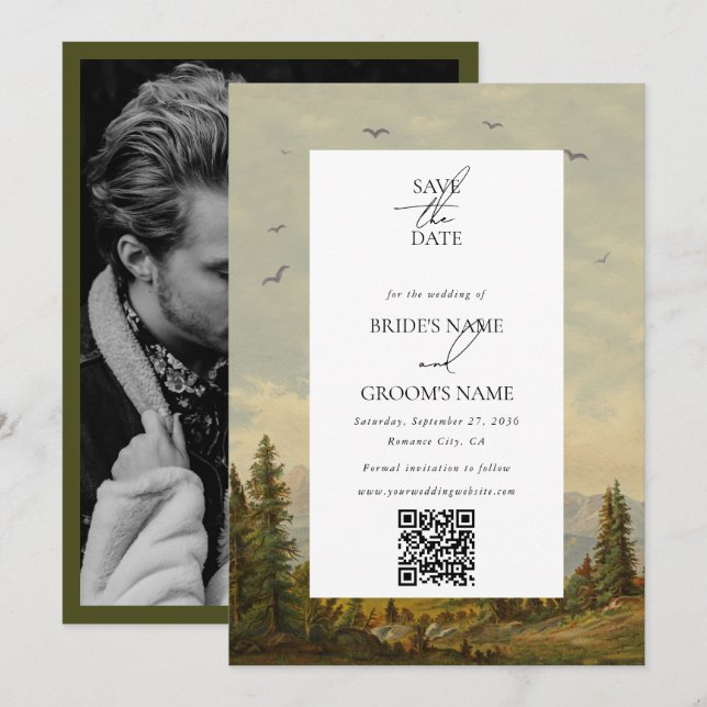 Wasserfarbene Pine Tree Forest Mountain Hochzeitli Save The Date (Vorne/Hinten)