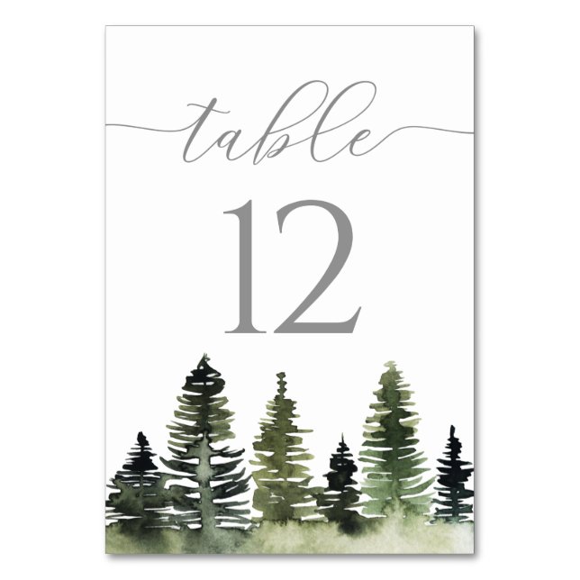 Wasserfarbene Pine Trees Hochzeitskarte Tischnumme Tischnummer (Vorderseite)