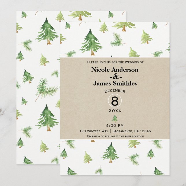 Wasserfarbene Pine Trees Kraft & White Rustic Wedd Einladung (Vorne/Hinten)