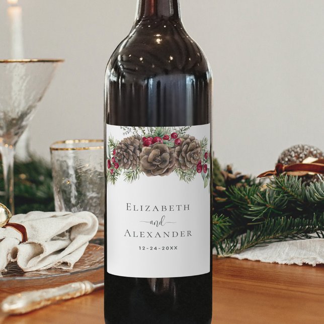 Wasserfarbene Pine Winter Berries Weihnachtsfeier Weinetikett (Von Creator hochgeladen)