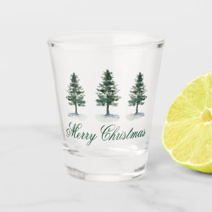 Wasserfarbene Pinienbäume Frohe Weihnachten Schnapsglas