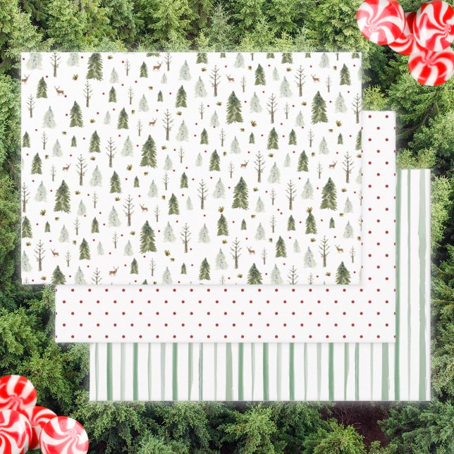Wasserfarbene Pinienbäume Rote Grüne Streifen Weih Geschenkpapier Set (Von Creator hochgeladen)