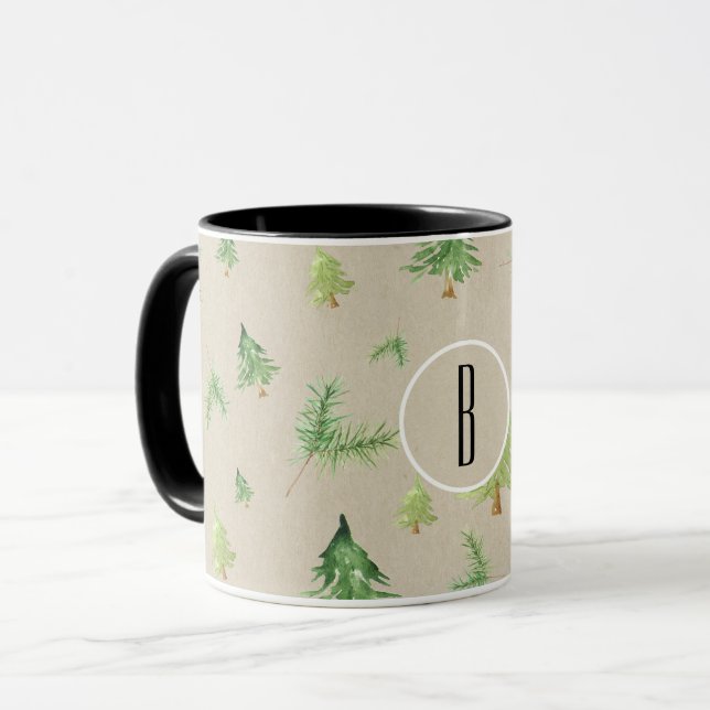 Wasserfarbene Pinienbäume Winter Minimal Rustikal Tasse (Vorderseite Links)