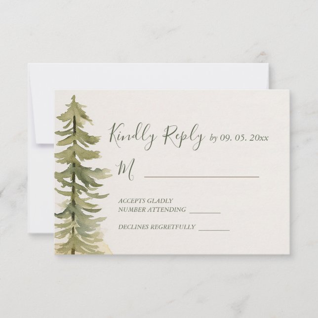 Wasserfarbene Pinienwälder Hochzeit RSVP Karte (Vorderseite)