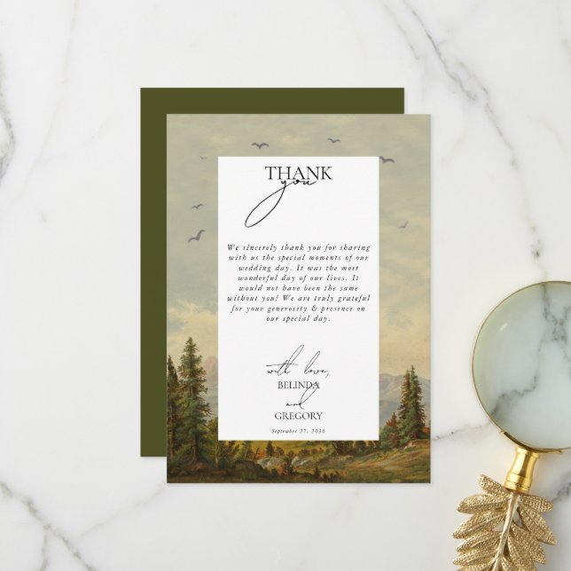 Wasserfarbene Pinienwälder Hochzeiten Dankeskarte (Vorderseite/Rückseite Beispiel)
