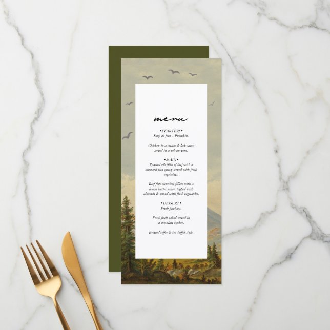 Wasserfarbene Pinienwälder Hochzeiten Menükarte (Vorderseite/Rückseite Beispiel)