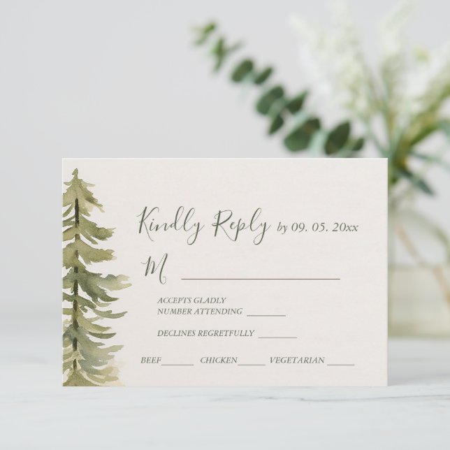 Wasserfarbene Pinienwälder Hochzeitsmahlzeiten RSVP Karte (Stehend Vorderseite)